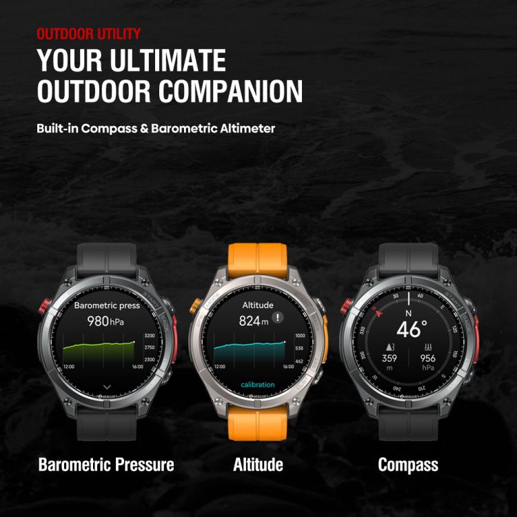 Zeblaze Stratos 4 rugged GPS smartwatch in black and orange, showing barometer, altitude, and compass