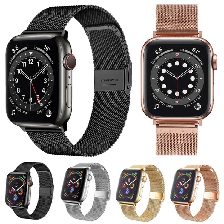 Milanese metal watch bands in black, silver, gold, and rose gold