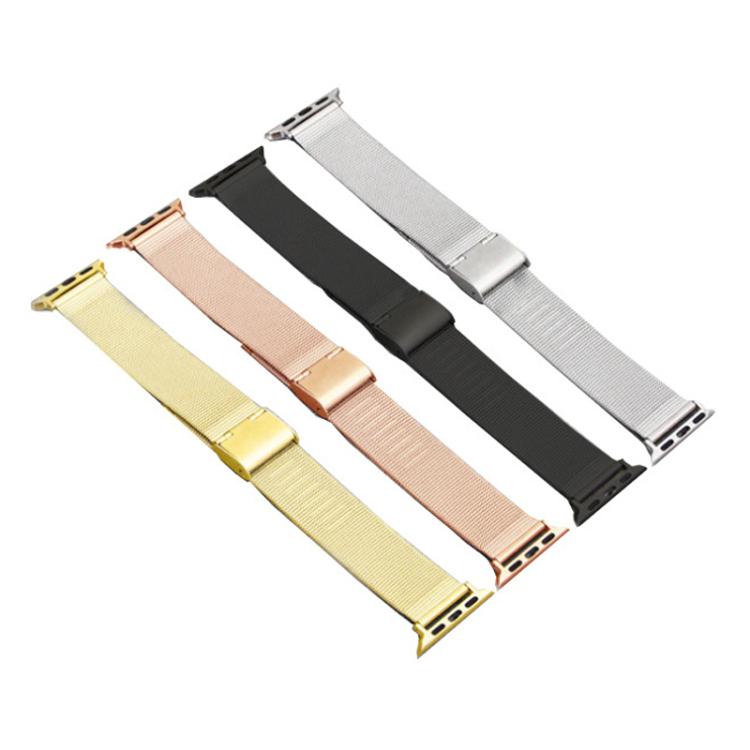 Milanese metal watch bands in gold, rose gold, black, and silver