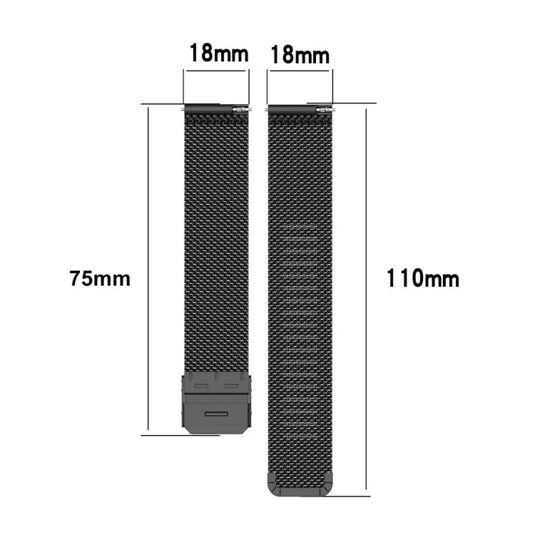 Black Milanese watch band size diagram showing 18 mm width and 75 mm and 110 mm lengths