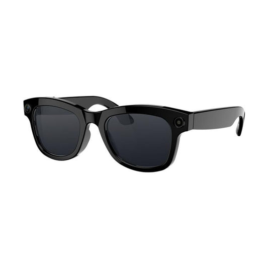 Zeblaze black AI sunglasses with dark lenses, camera details, and a three-quarter view.