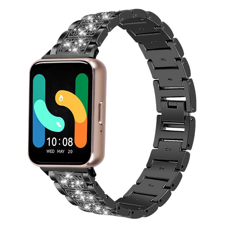 Black jeweled stainless steel watch band fitted to a rectangular smartwatch