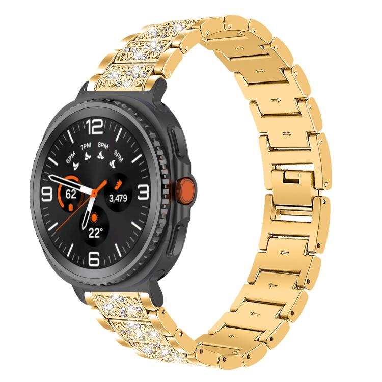 Gold jeweled stainless steel watch band fitted to a round smartwatch