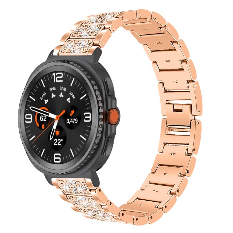 Rose gold jeweled stainless steel watch band fitted to a round smartwatch