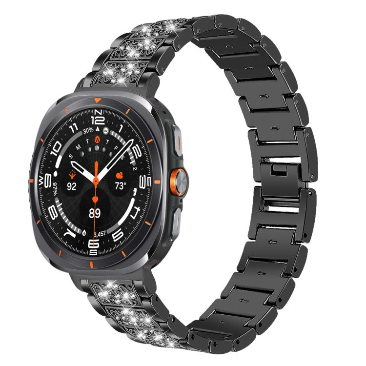 Black stainless steel watch band with crystal accents on a round smartwatch