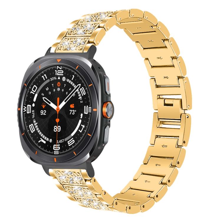 Gold stainless steel watch band with crystal accents on a round smartwatch