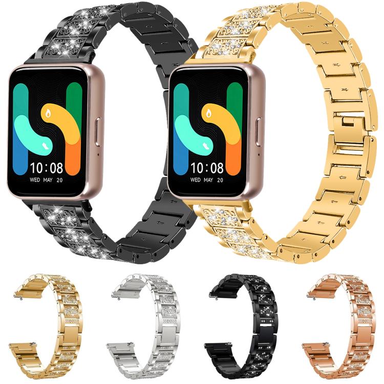 Stainless steel watch band with crystal accents in black, gold, silver, and rose gold