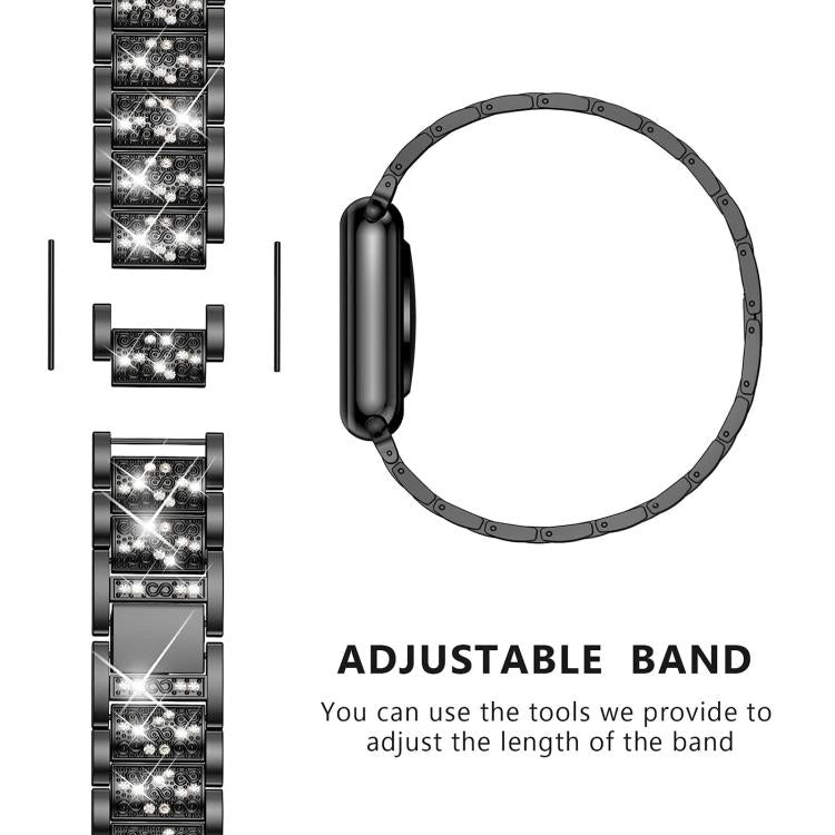 Black stainless steel watch band with crystal accents and adjustable links