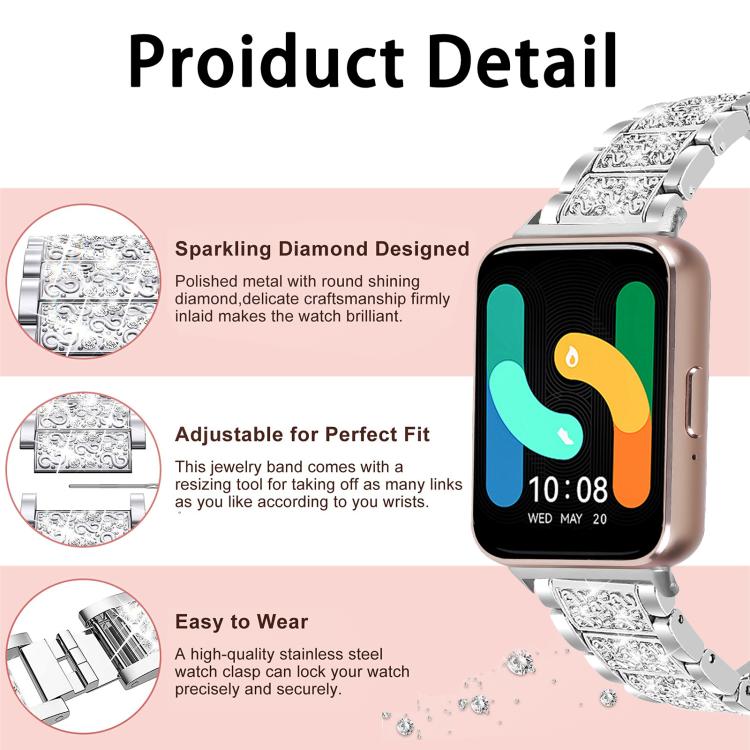 Silver stainless steel watch band with crystal accents and adjustable link detail