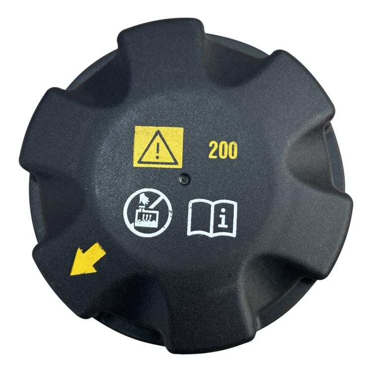 Car radiator cap, dark plastic top with yellow triangle warning and white info symbols, 200