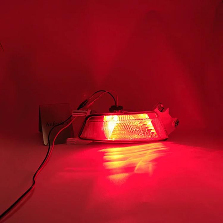 Rear bumper fog light illuminated, showing red lens and attached wiring harness
