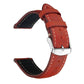 Red leather watch band with cream stitching, adjustment holes and silver buckle