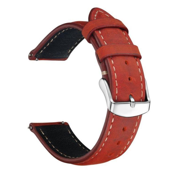 Red leather watch band with cream stitching, adjustment holes and silver buckle