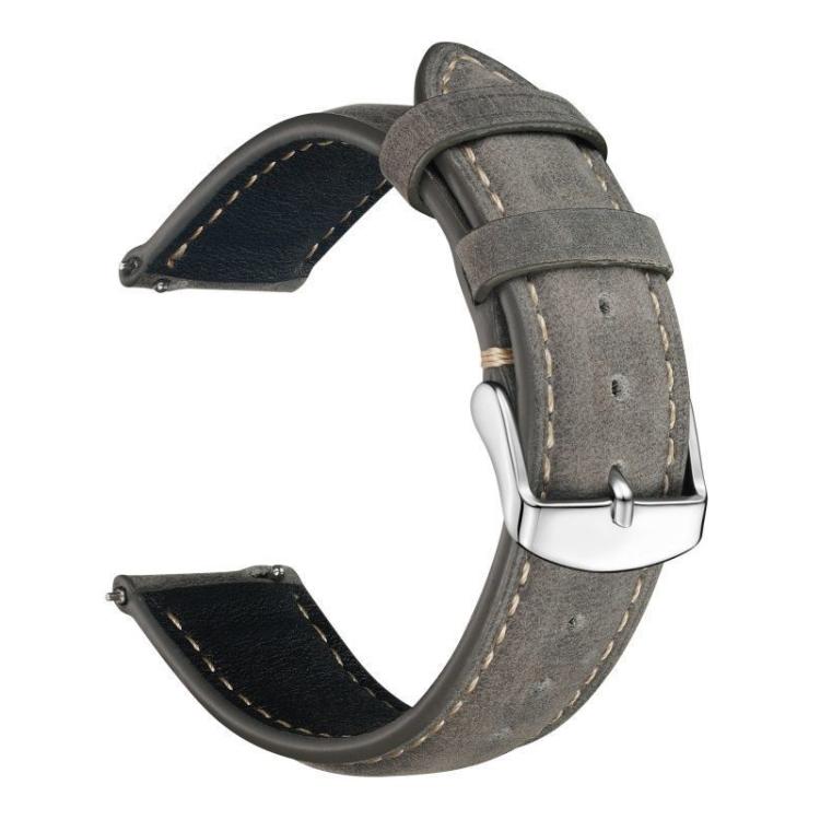Gray leather watch band with cream stitching, adjustment holes and silver buckle