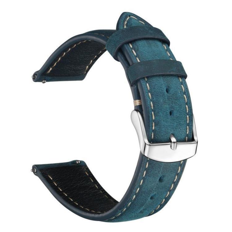 Blue watch strap with textured leather, contrasting stitching, and silver-tone hardware