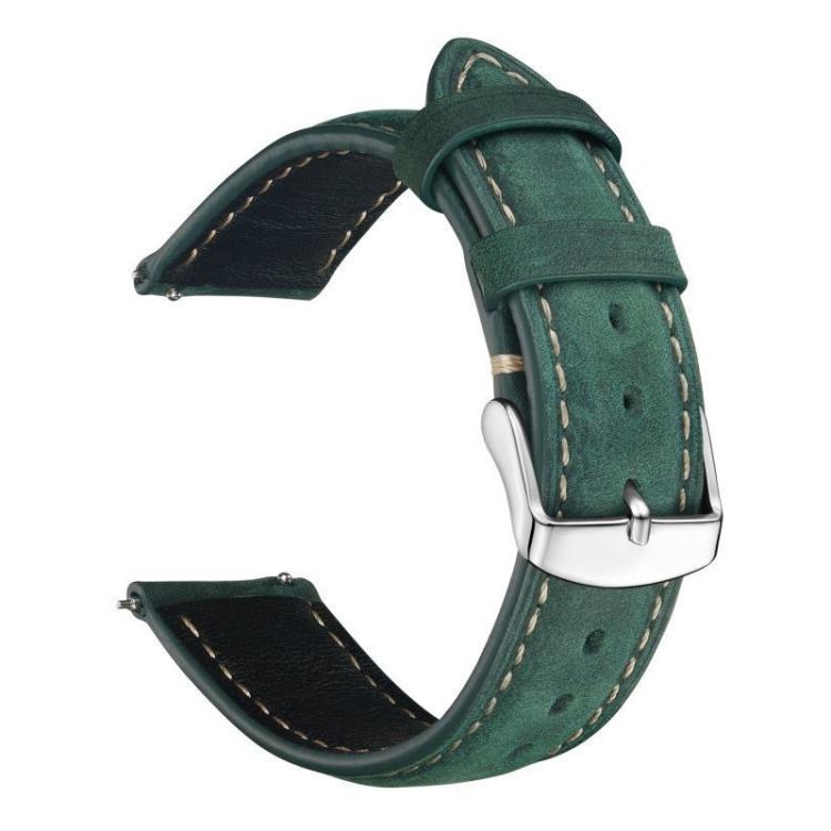 Green watch strap with textured leather, contrasting stitching, and silver-tone hardware