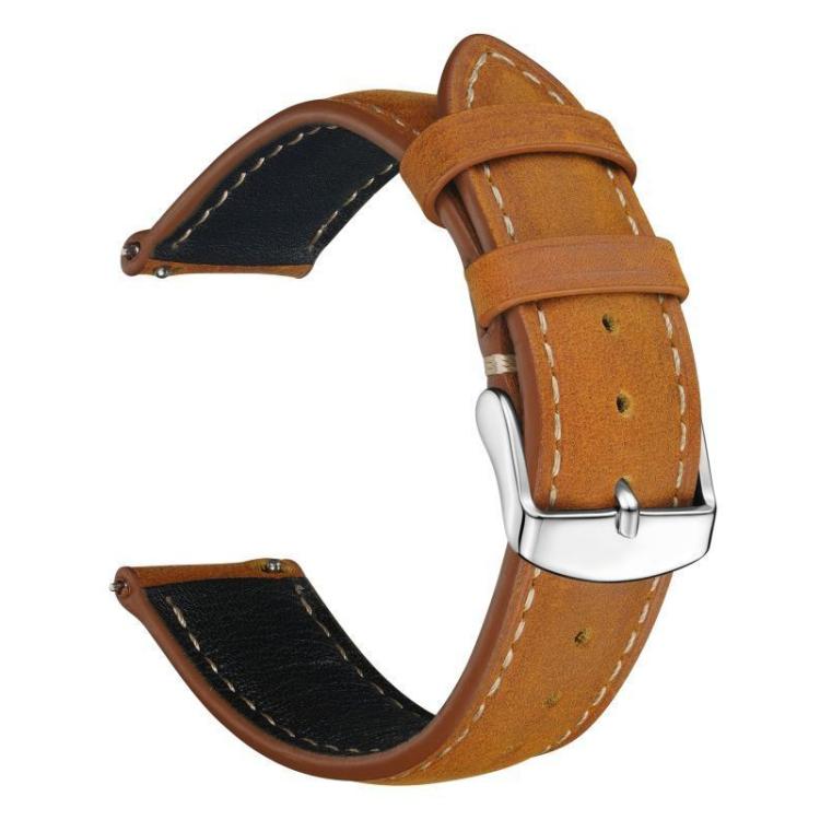 Tan brown leather watch band with white stitching, adjustment holes, and silver buckle