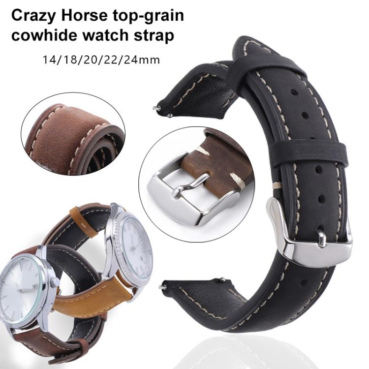 Black leather watch band with white stitching, adjustment holes, and silver buckle