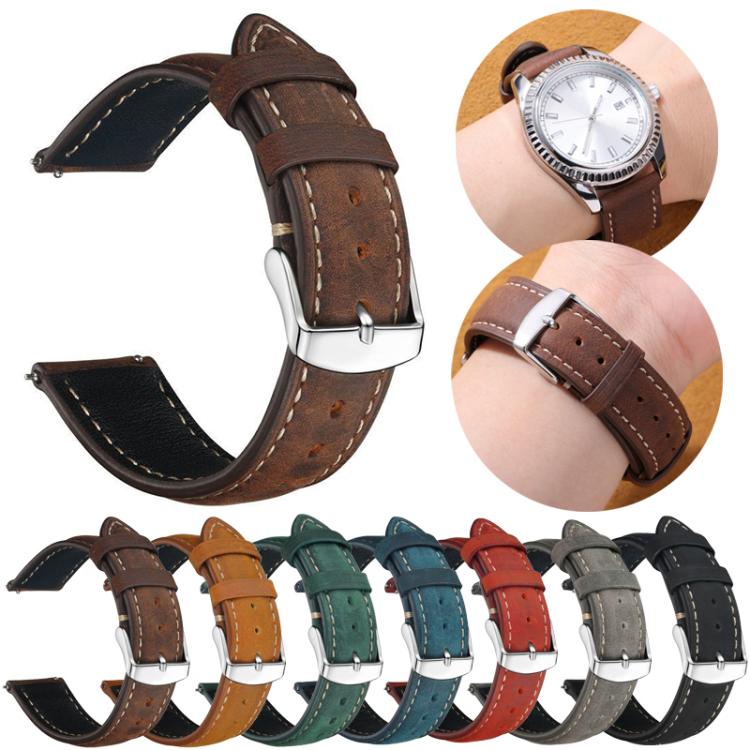 Brown leather watch band with stitched edges and metal buckle; several color options shown