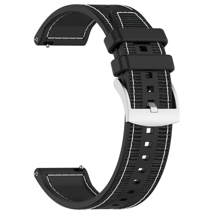 Black hybrid nylon and silicone watch band with stitched panels, buckle, and adjustable holes.