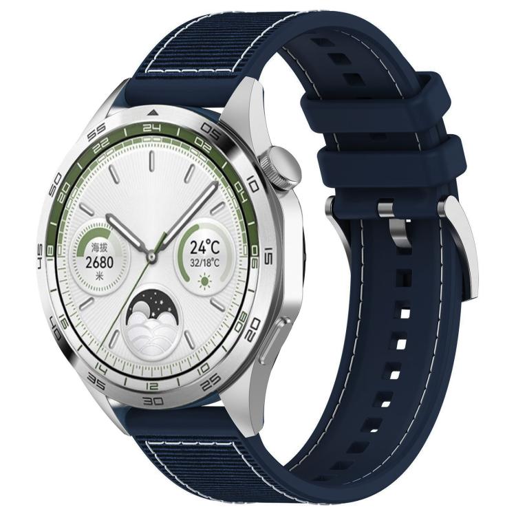 xDfind hybrid nylon braid and silicone watch band in midnight blue, shown on a watch