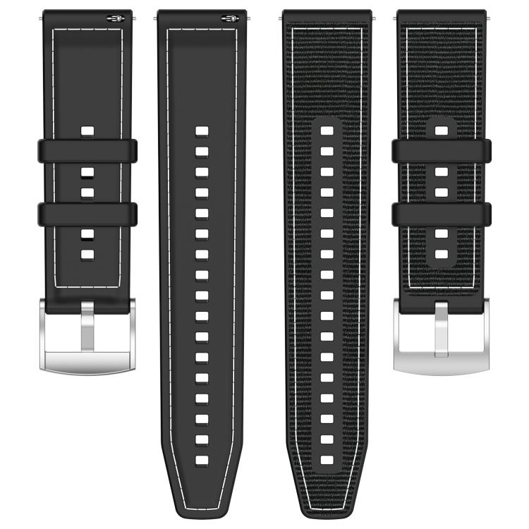 Black xDfind watch band pieces showing woven and smooth sides, buckle, and adjustment holes