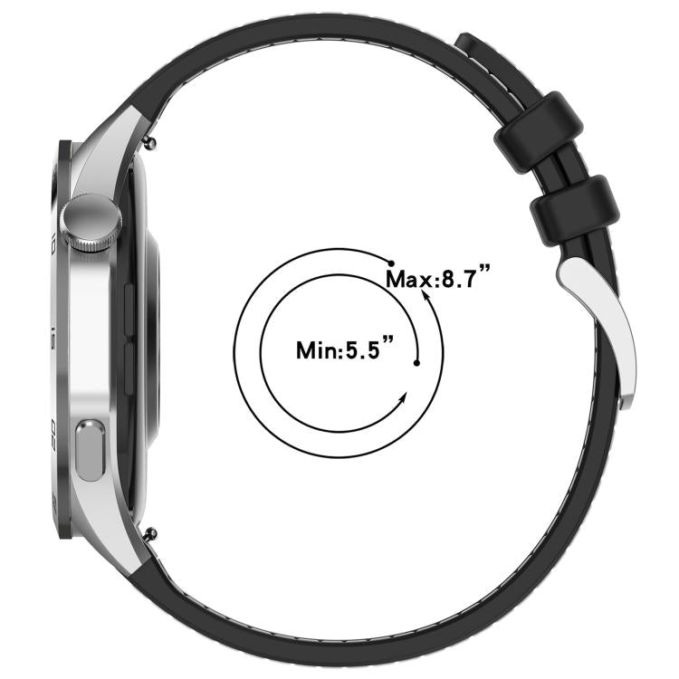 Black xDfind watch band shown on a watch, fitting wrists from 5.5 to 8.7 inches