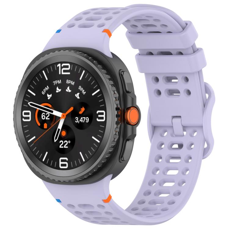 Light purple perforated silicone watch band with a dark Galaxy smartwatch attached