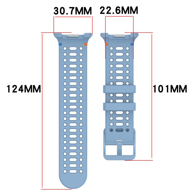 xDfind blue silicone watch band shown in two lengths with width and length measurements