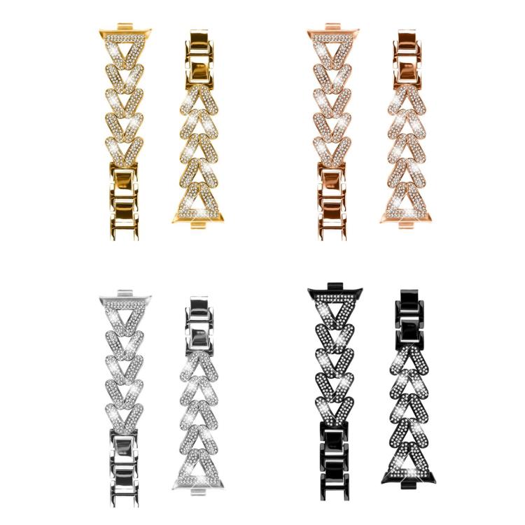 Metal smartwatch band components in gold, rose gold, silver and black with rhinestone-set links.