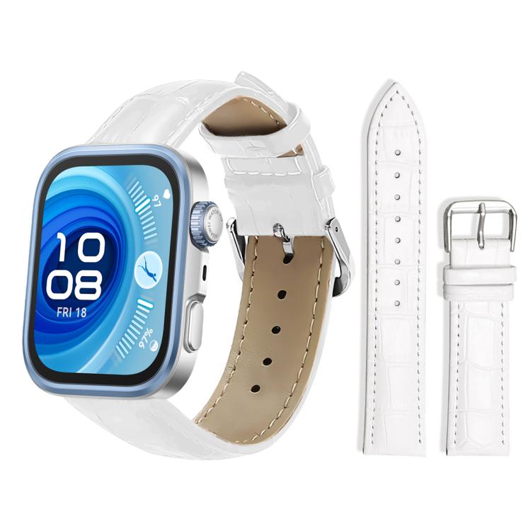 White textured leather watch band with silver pin buckle, shown on a smartwatch.