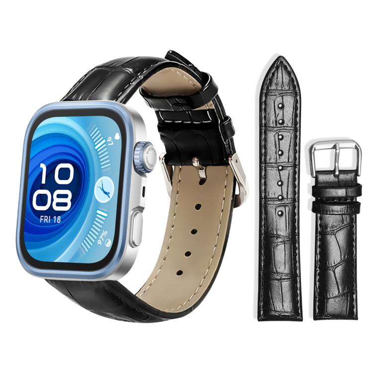 Black textured leather watch band with silver pin buckle, shown on a smartwatch.