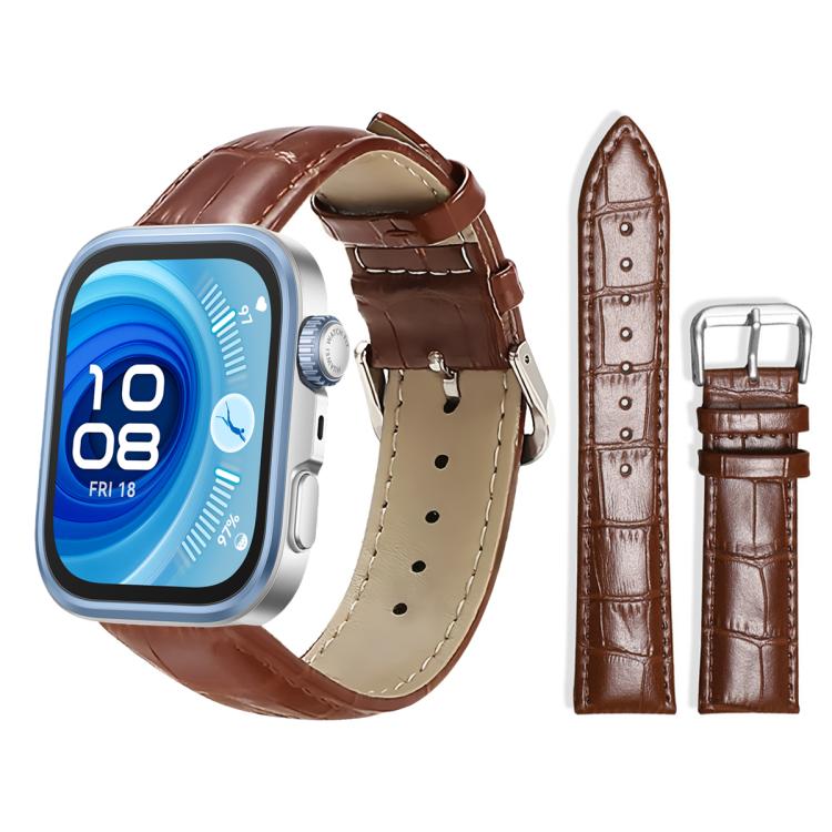 Dark brown textured leather watch band with silver pin buckle, shown on a smartwatch.