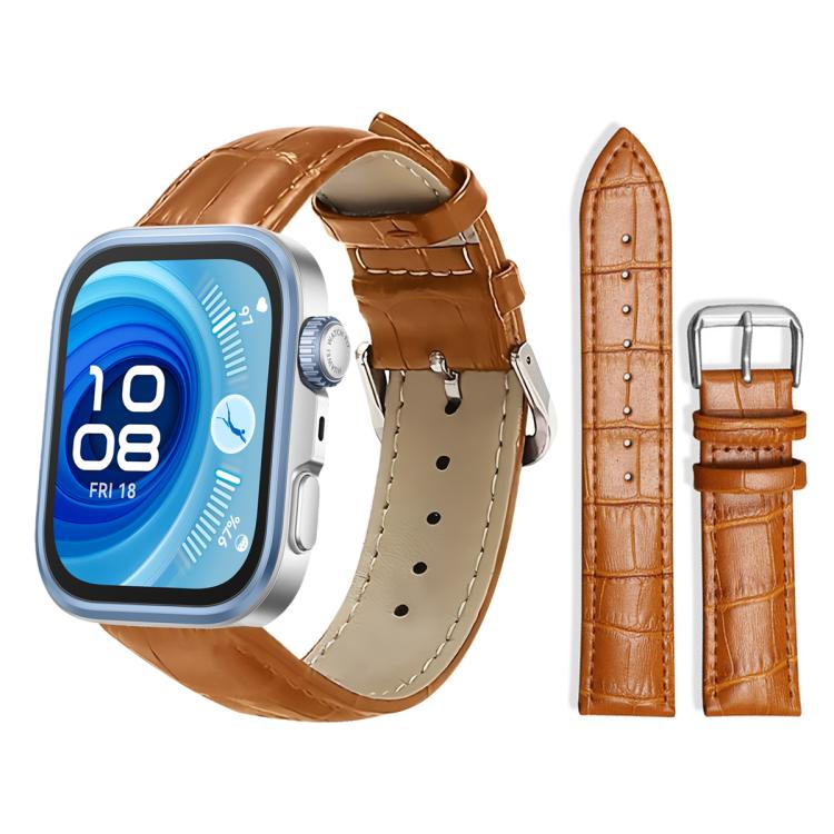 Light brown textured leather watch band with silver pin buckle, shown on a smartwatch.