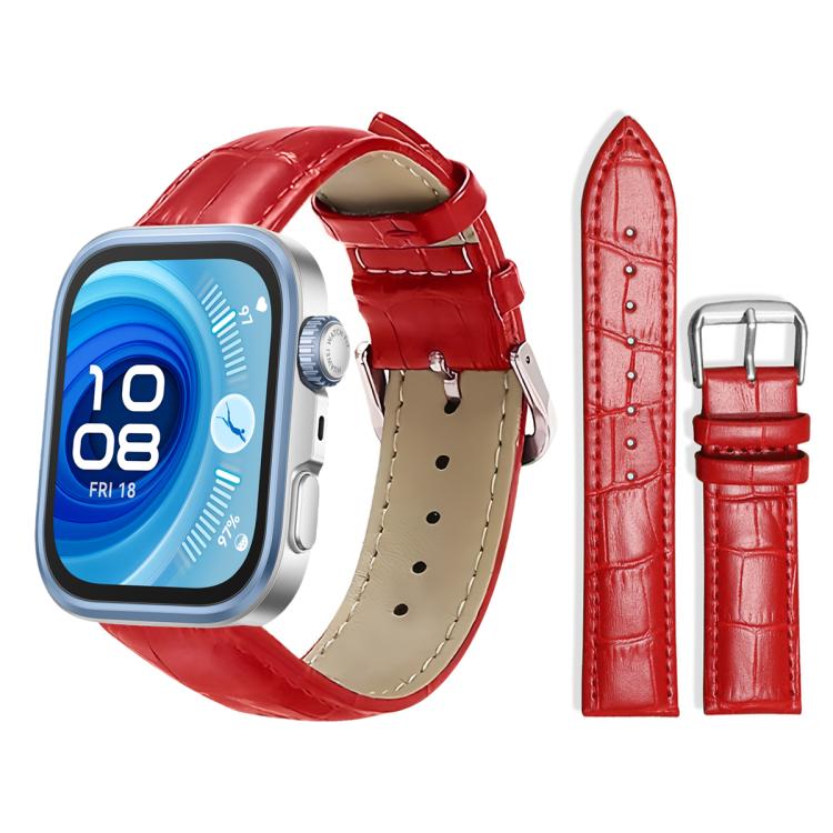 Red textured leather watch band with silver pin buckle, shown on a smartwatch.