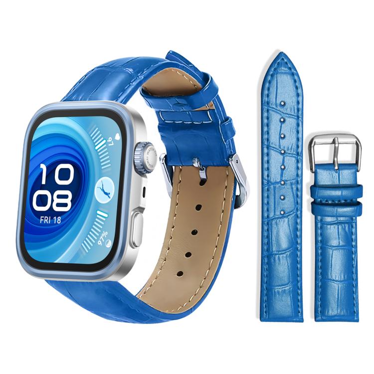 Blue textured leather watch band with silver pin buckle, shown on a smartwatch.