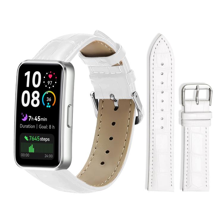 White textured leather watch band with silver pin buckle, shown on a fitness watch.