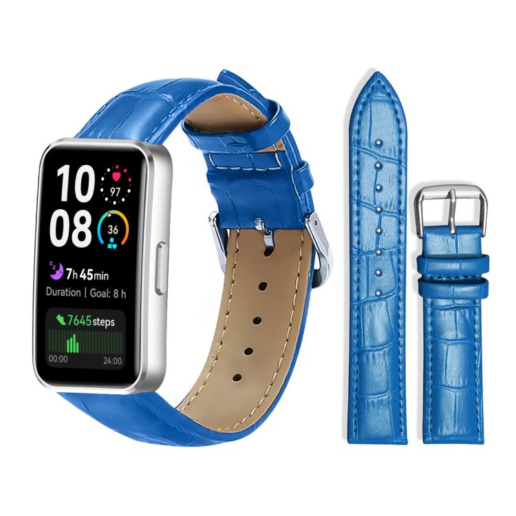 Blue textured leather watch band with pin buckle and beige lining