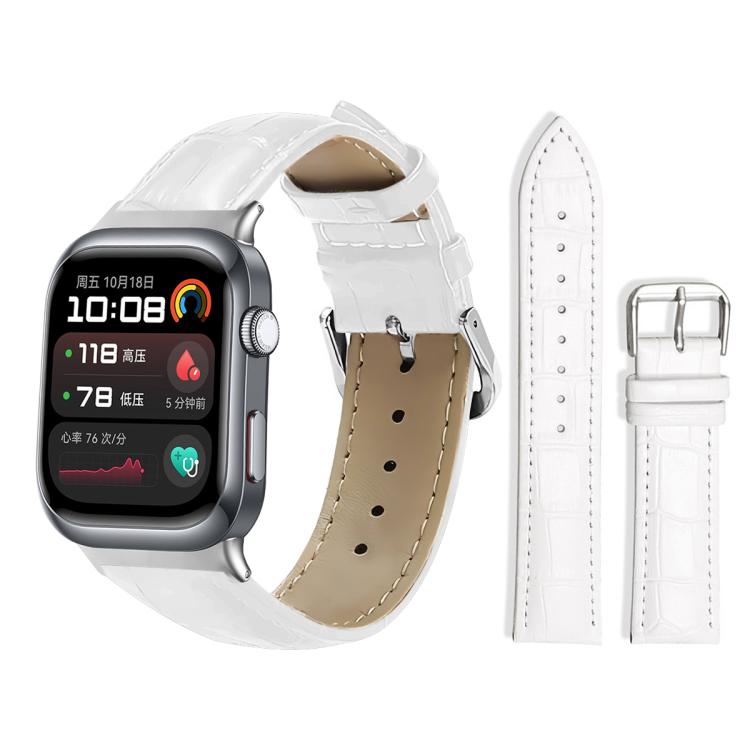 White leather watch band with pin buckle, stitched edges and adjustment holes