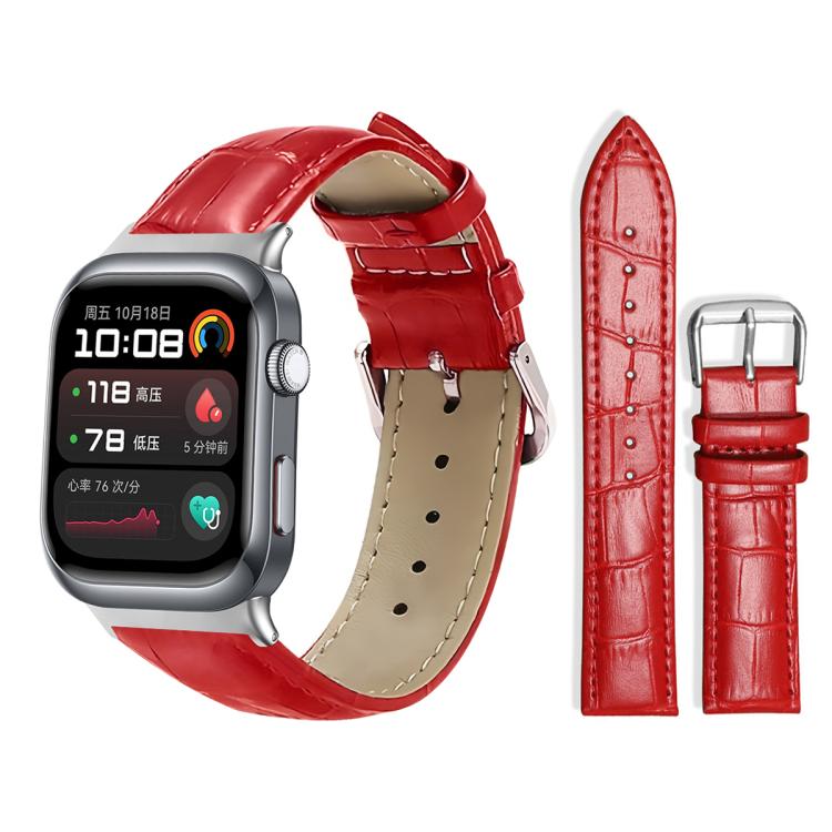 Red textured leather watch band with pin buckle and adjustment holes