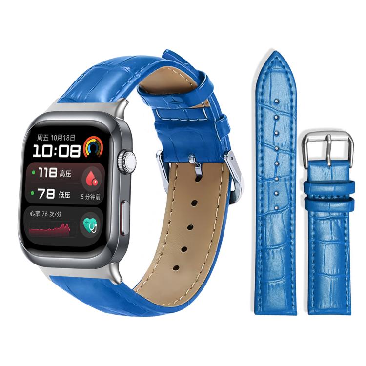 Blue textured leather watch band with pin buckle and adjustment holes