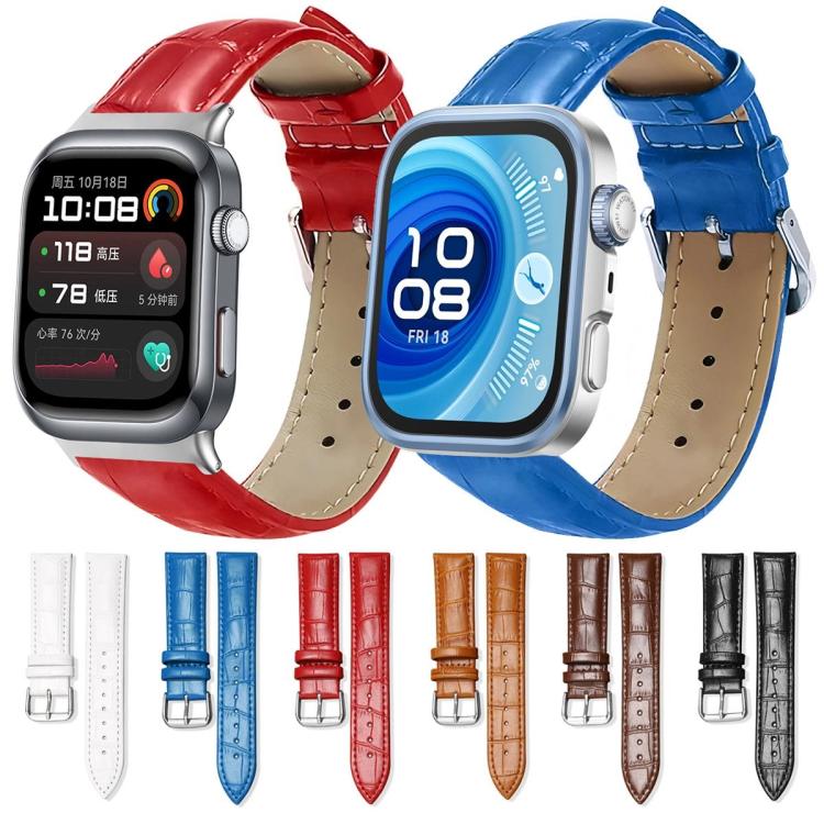 Leather watch bands in red and blue, shown on watches with assorted color options