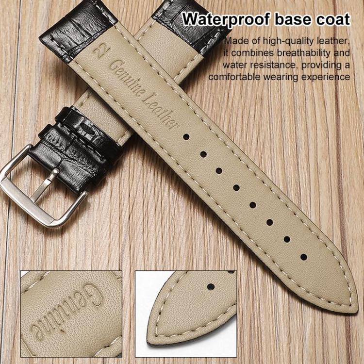 Black leather watch band underside showing tan lining, stitching and adjustment holes