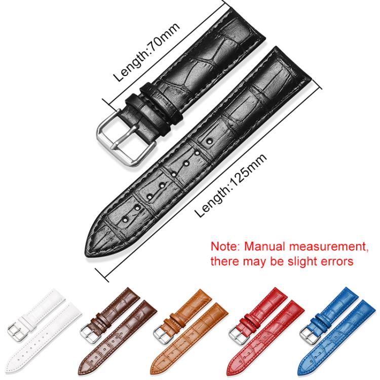 Textured leather watch band set in six colors, with pin buckle and length markings.