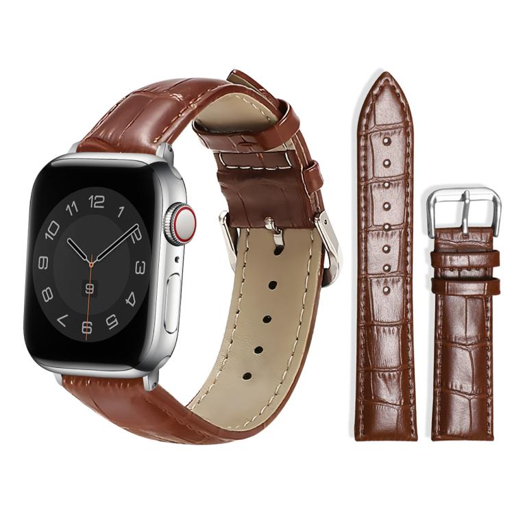 Dark brown textured leather Apple Watch band with cream stitching and silver pin buckle.