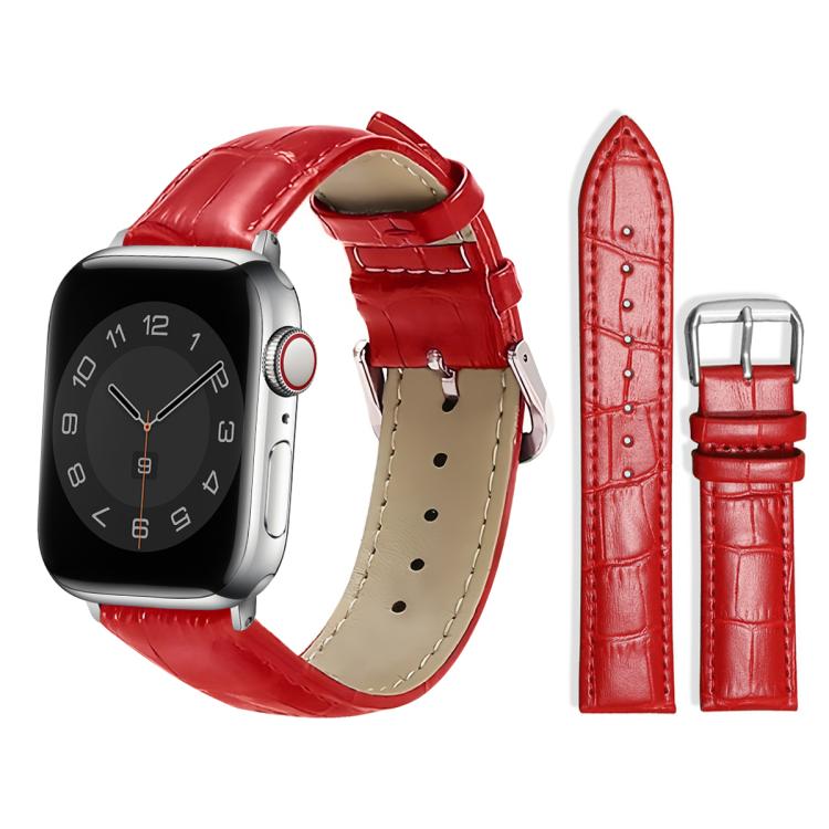 Red textured leather Apple Watch band with cream stitching and silver pin buckle.