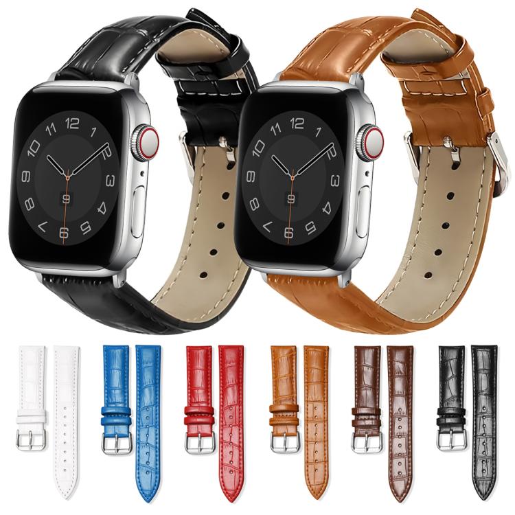 Leather watch band with pin buckle shown in black and brown, plus six color options.