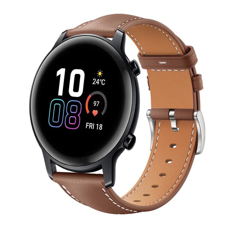 Brown leather watch band with white stitching, shown fitted to a round smartwatch.