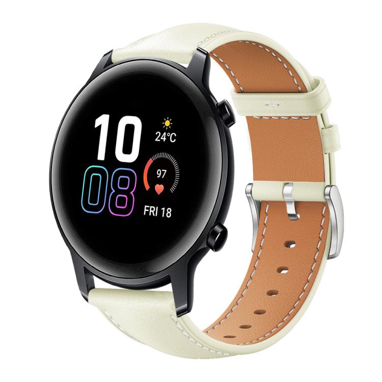 Cream leather watch band with white stitching and a silver buckle on a round smartwatch.