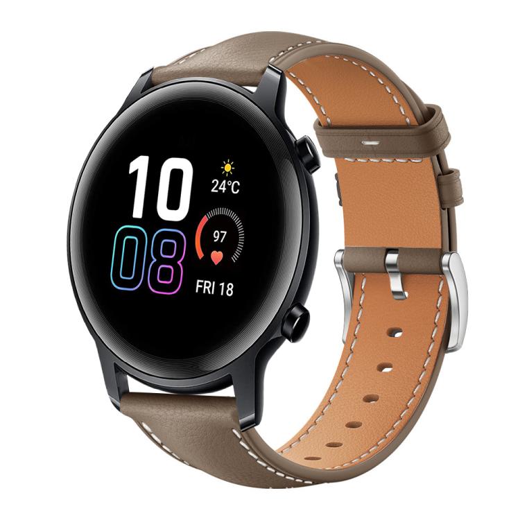 Taupe leather watch band with contrast stitching and a silver buckle on a round smartwatch.